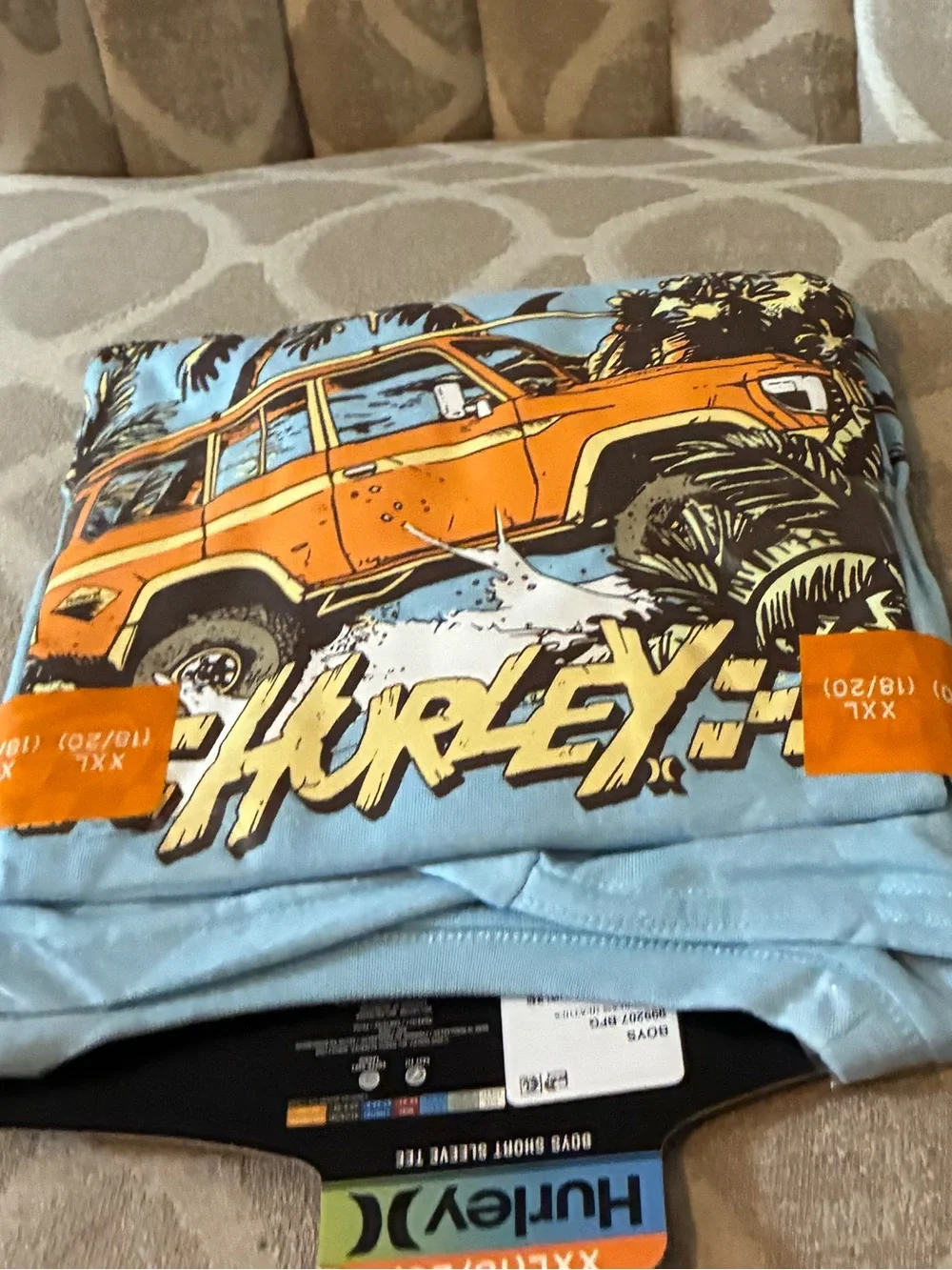 Hurley Light Blue Tee with Orange Surf Wagon Graphic